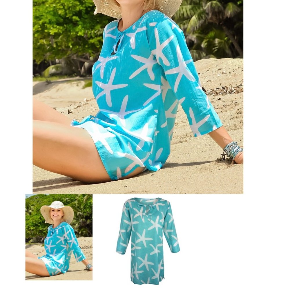 West Indies Swimsuit Cover-Up Dress Top Turquoise White Starfish Tunic Beach NWT